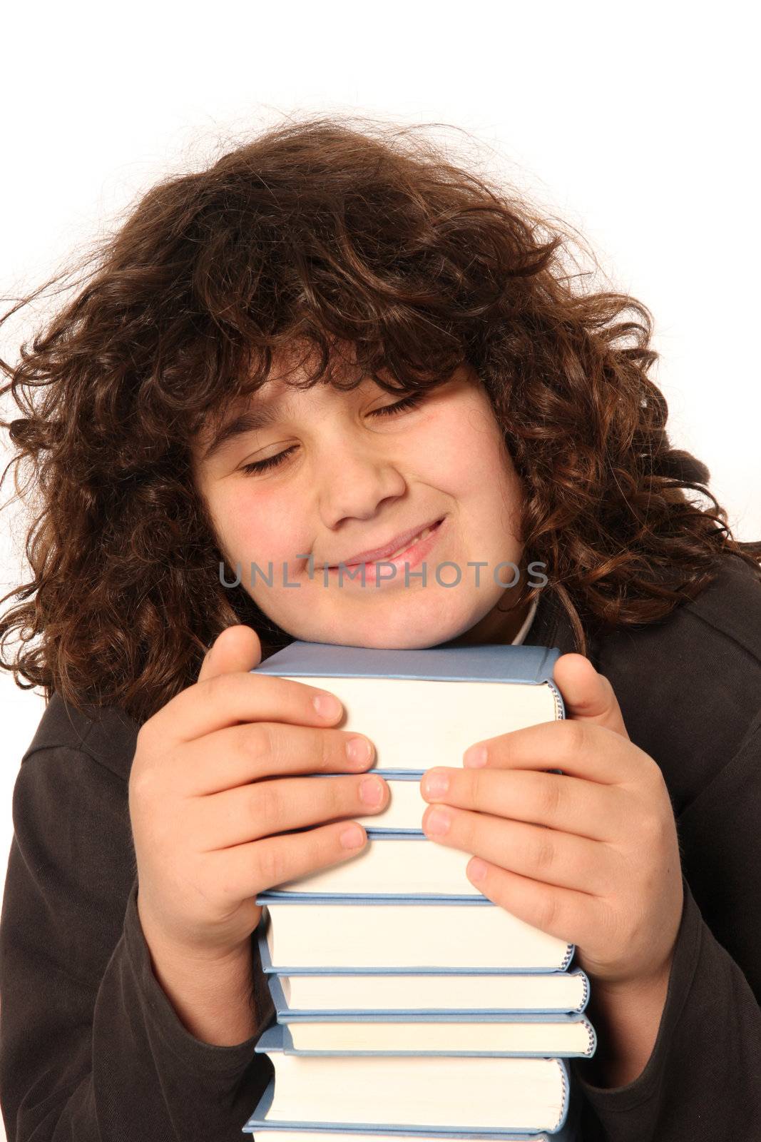 happy boy and many books on white background