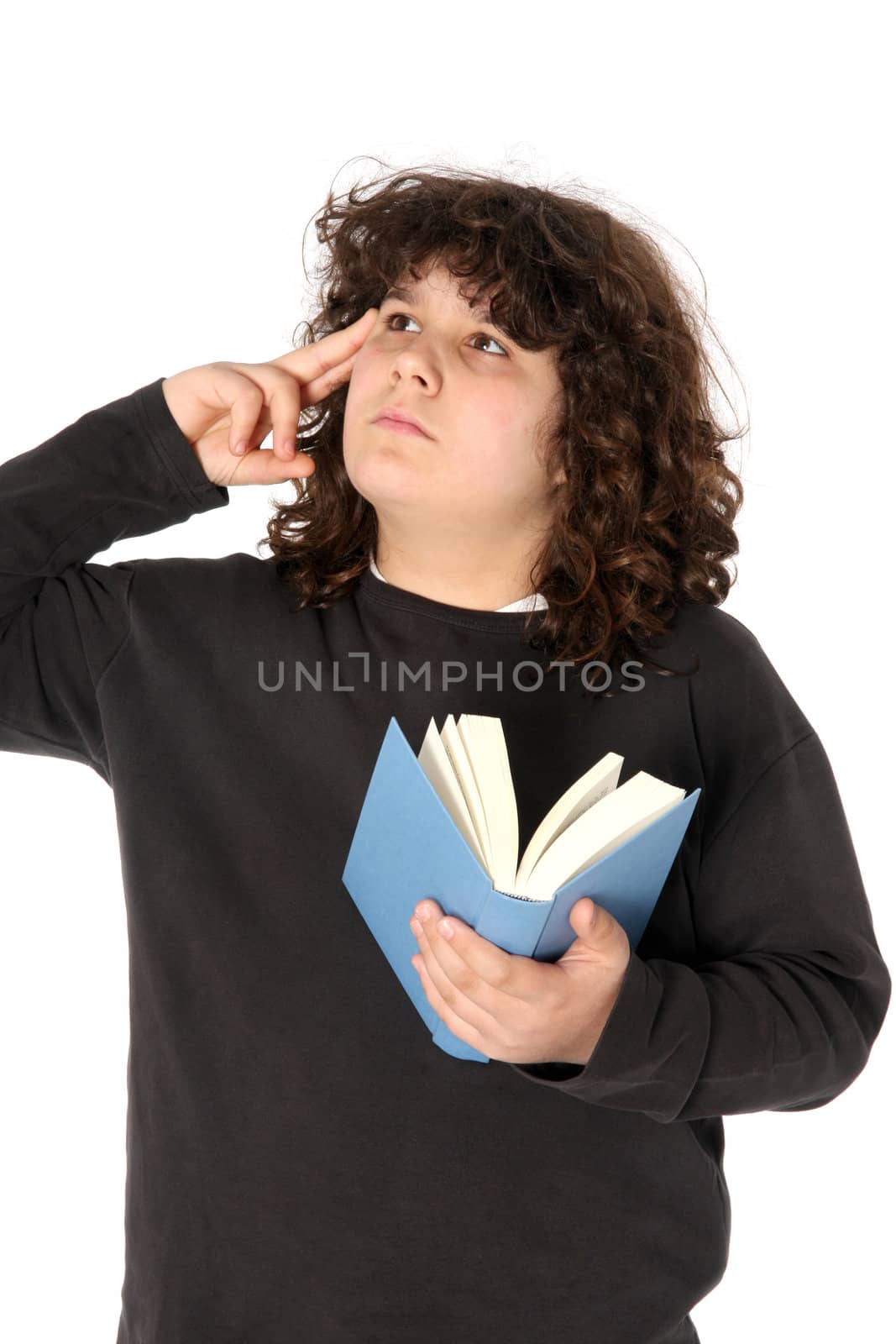 boy thinking and reading a book on white background