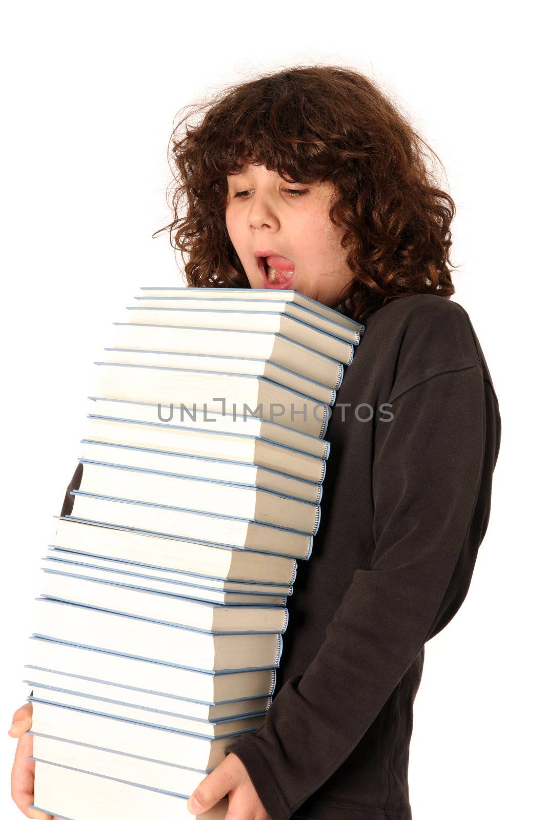 boy carrying books on white background