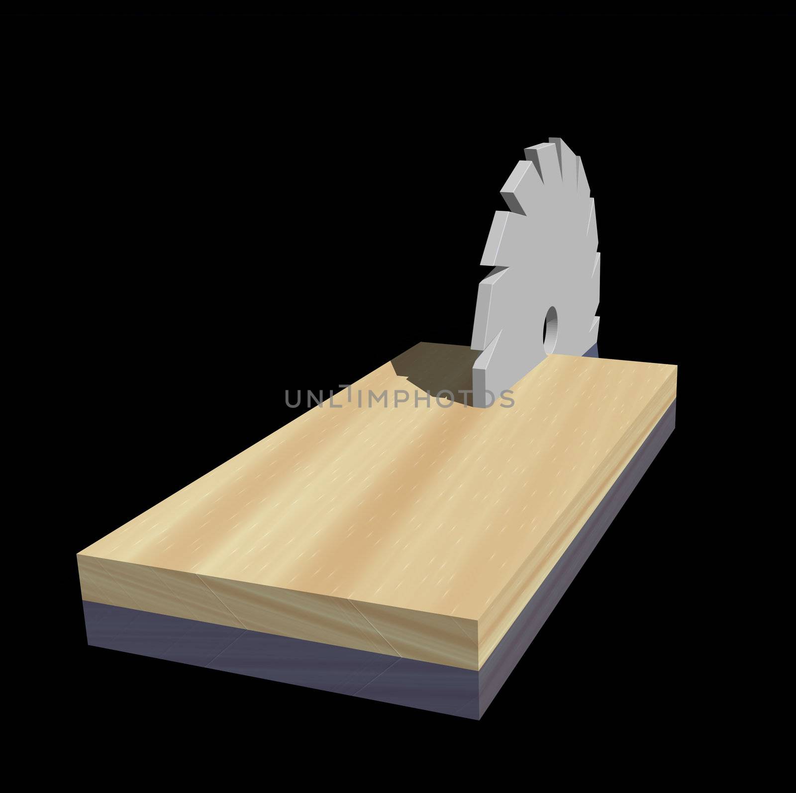 saw blade and wood on black background - 3d illustration