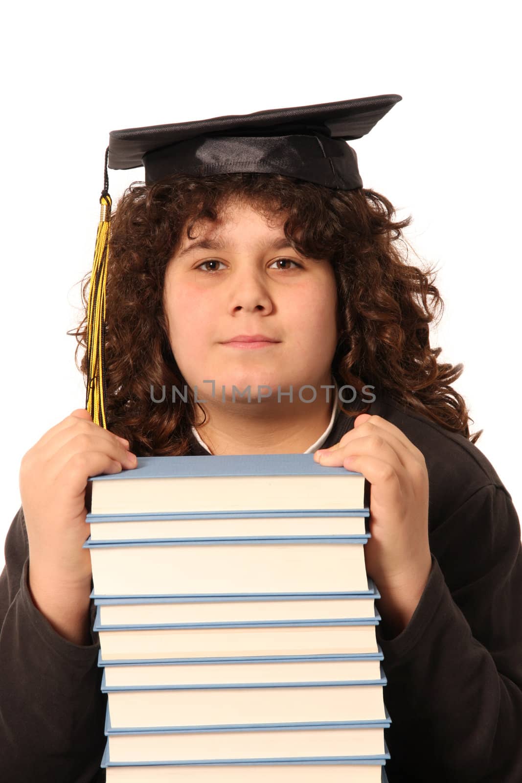 boy and many books on white background