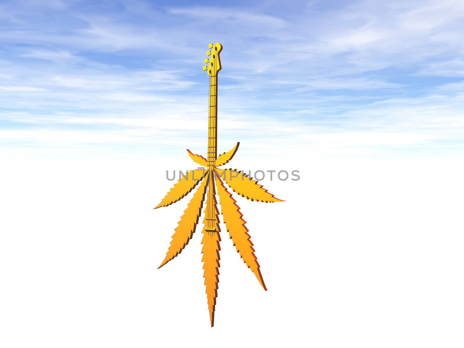 golden hemp guitar on cloudy sky - 3d illustration