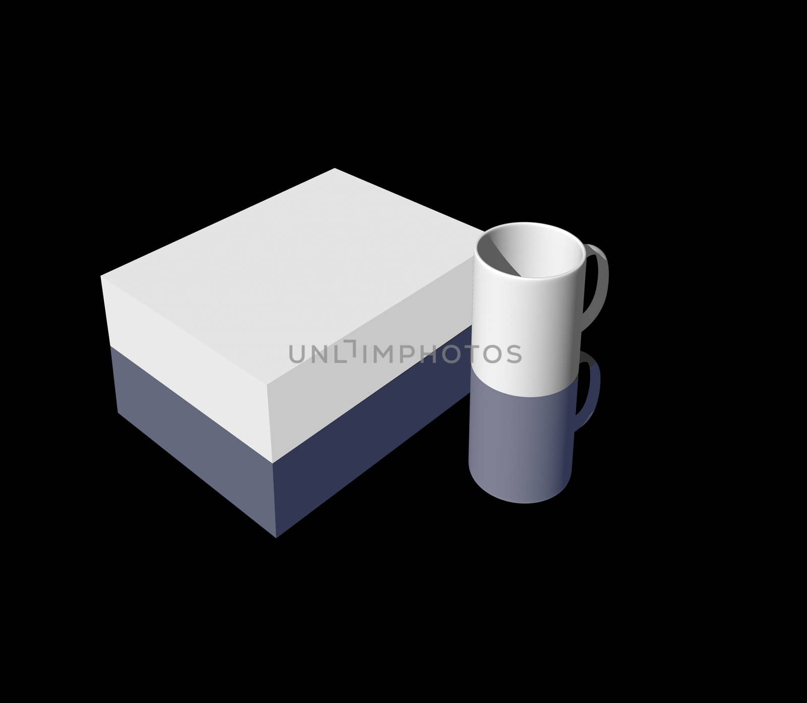 blank box and mug on black background - 3d illustration