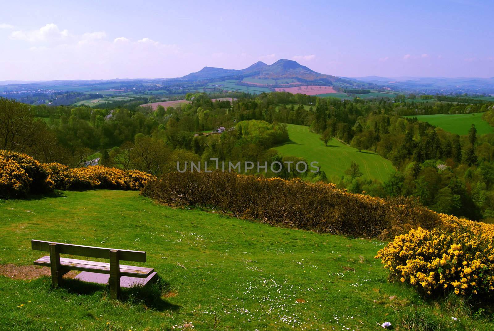 viewpoint called Scott's View near Melrose, Scotland overlooking the landscape of the Borders with the Eildon Hills in the distance