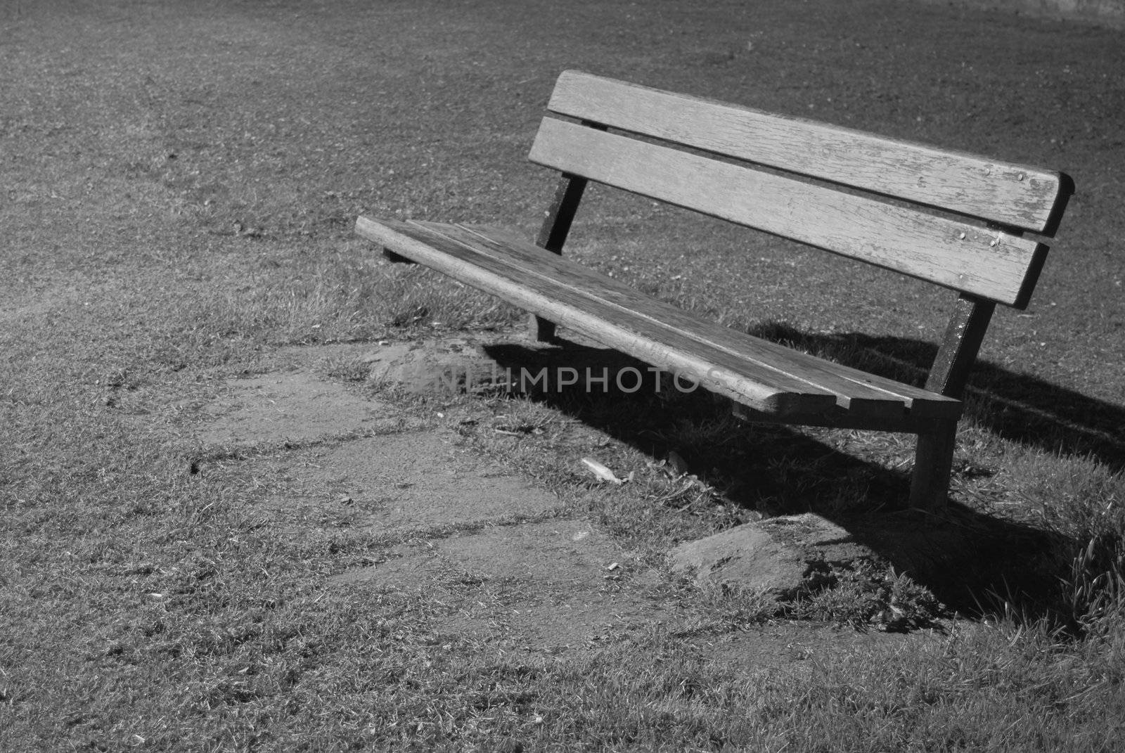 b&w of a park bench at night