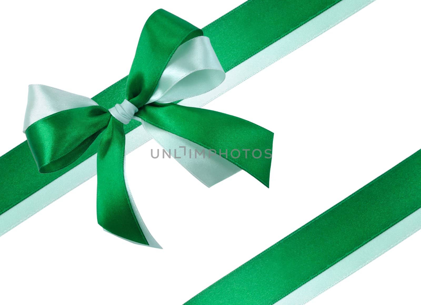 Festive Bow made of Dark Green and Light Green Ribbons Isolated on White