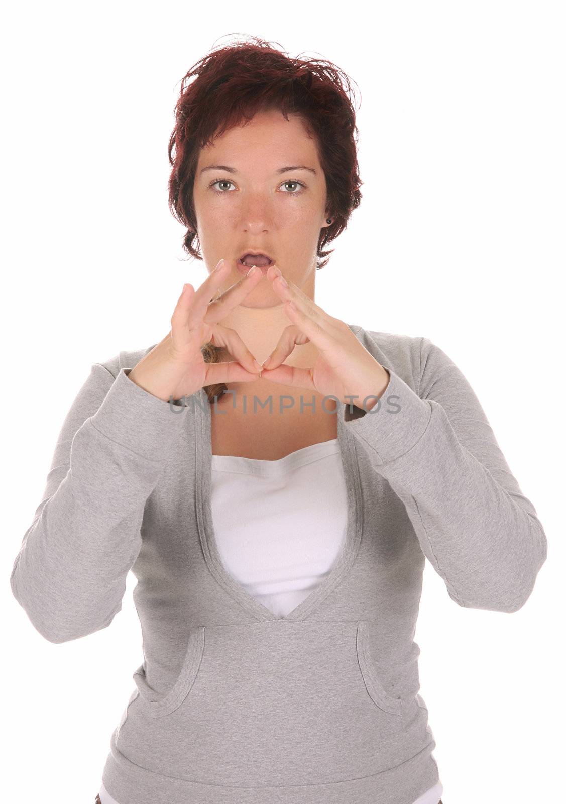 beauty young deaf person hand demonstrating, "A" in the alphabet of signs 