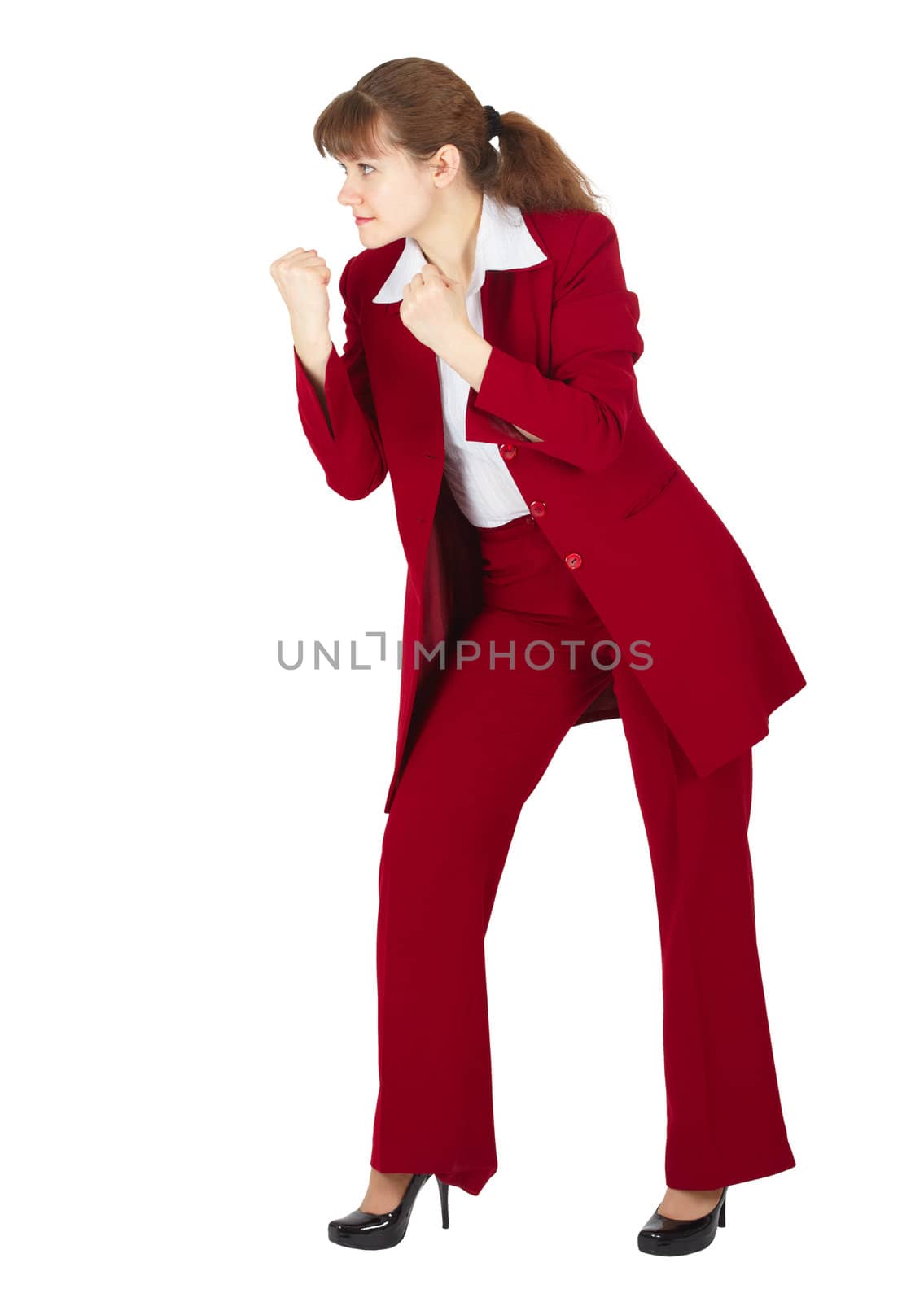 Girl in a business suit is ready for any fight