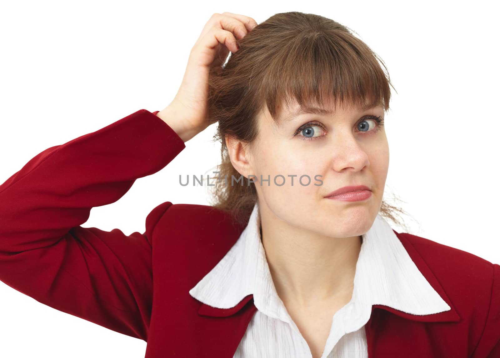 Confused young woman on a white background