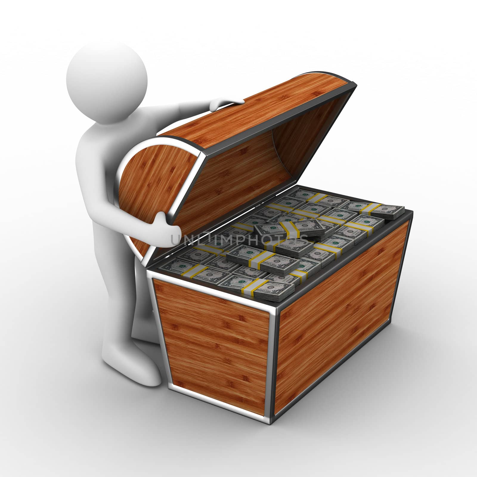 Open box with dollars on white background. Isolated 3D image