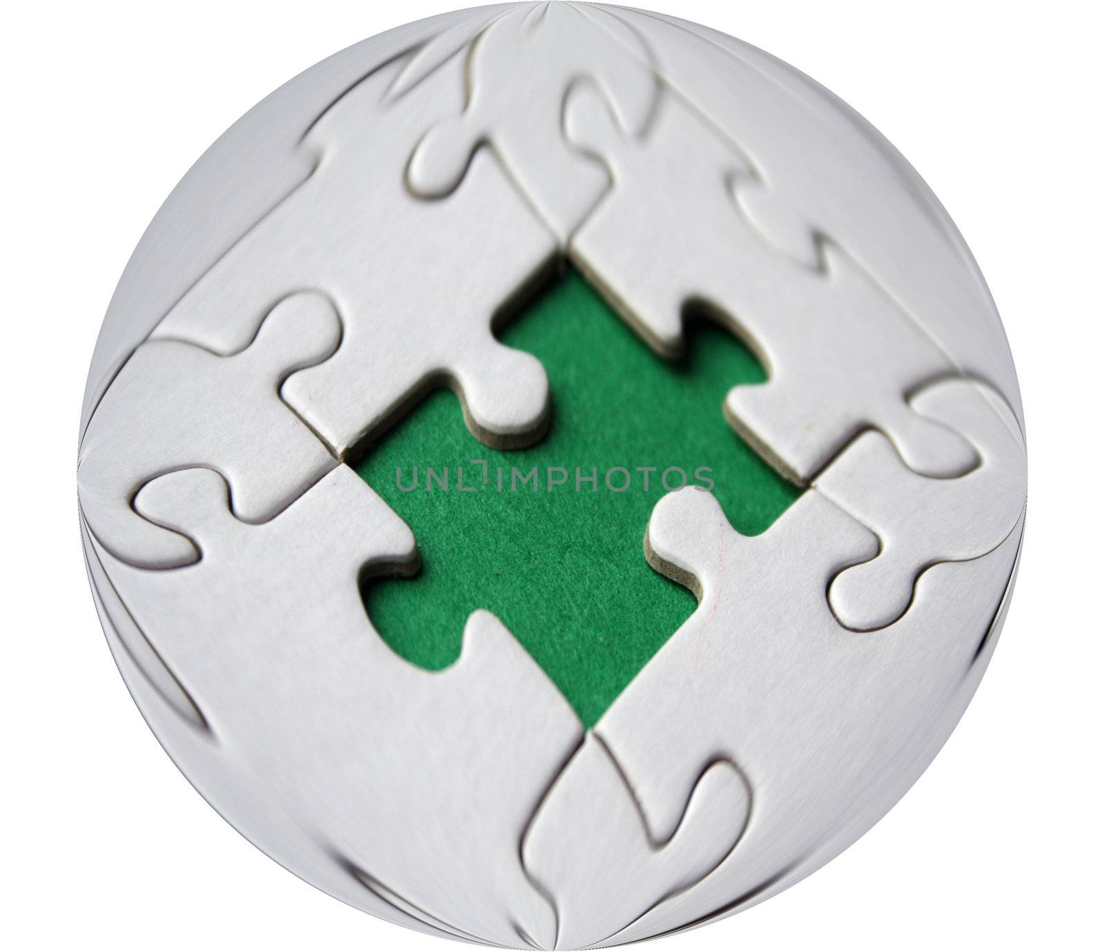 Round white jigsaw puzzle with one green space