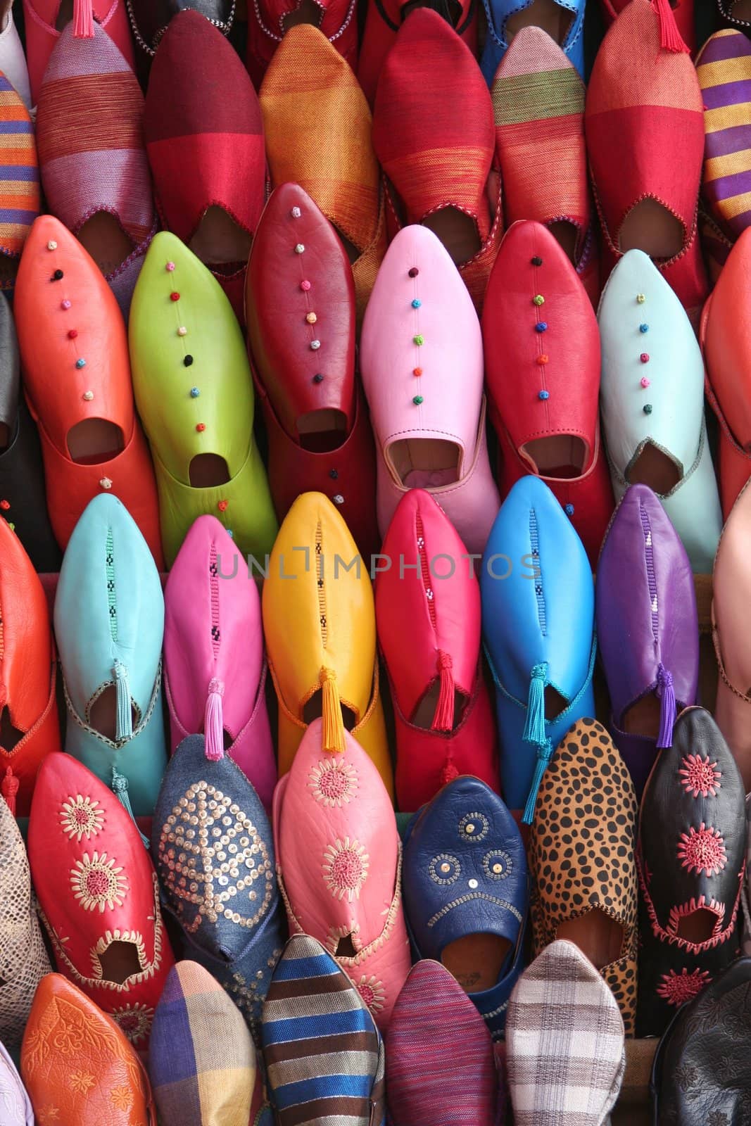 Colorful arabian shoes background in a shop
