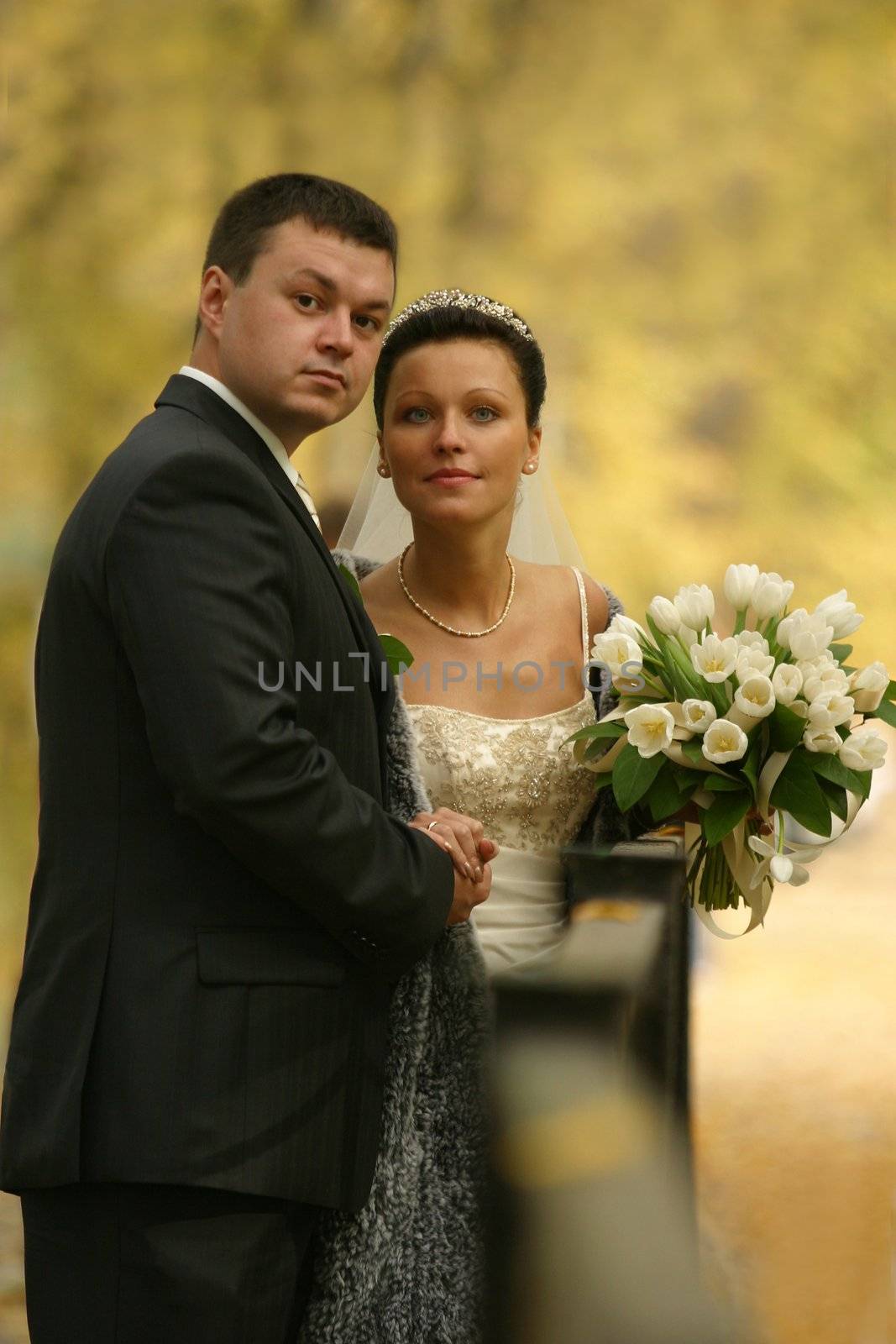 Beautiful the bride and the groom in autumn park