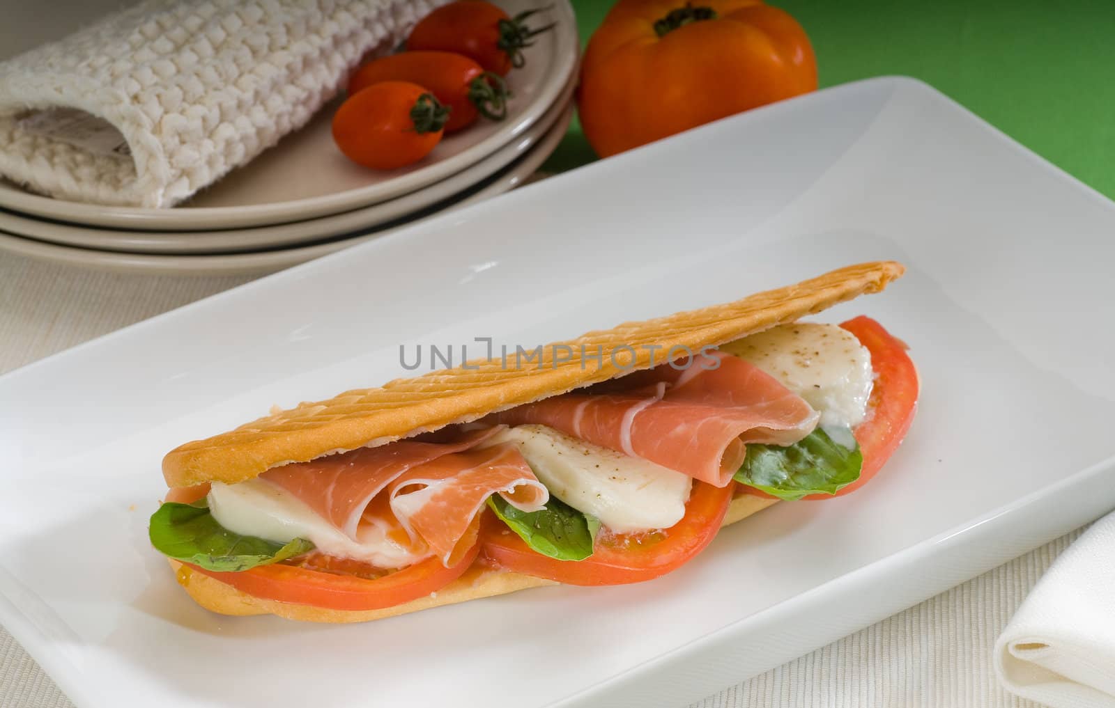 panini sandwich with fresh caprese and parma ham