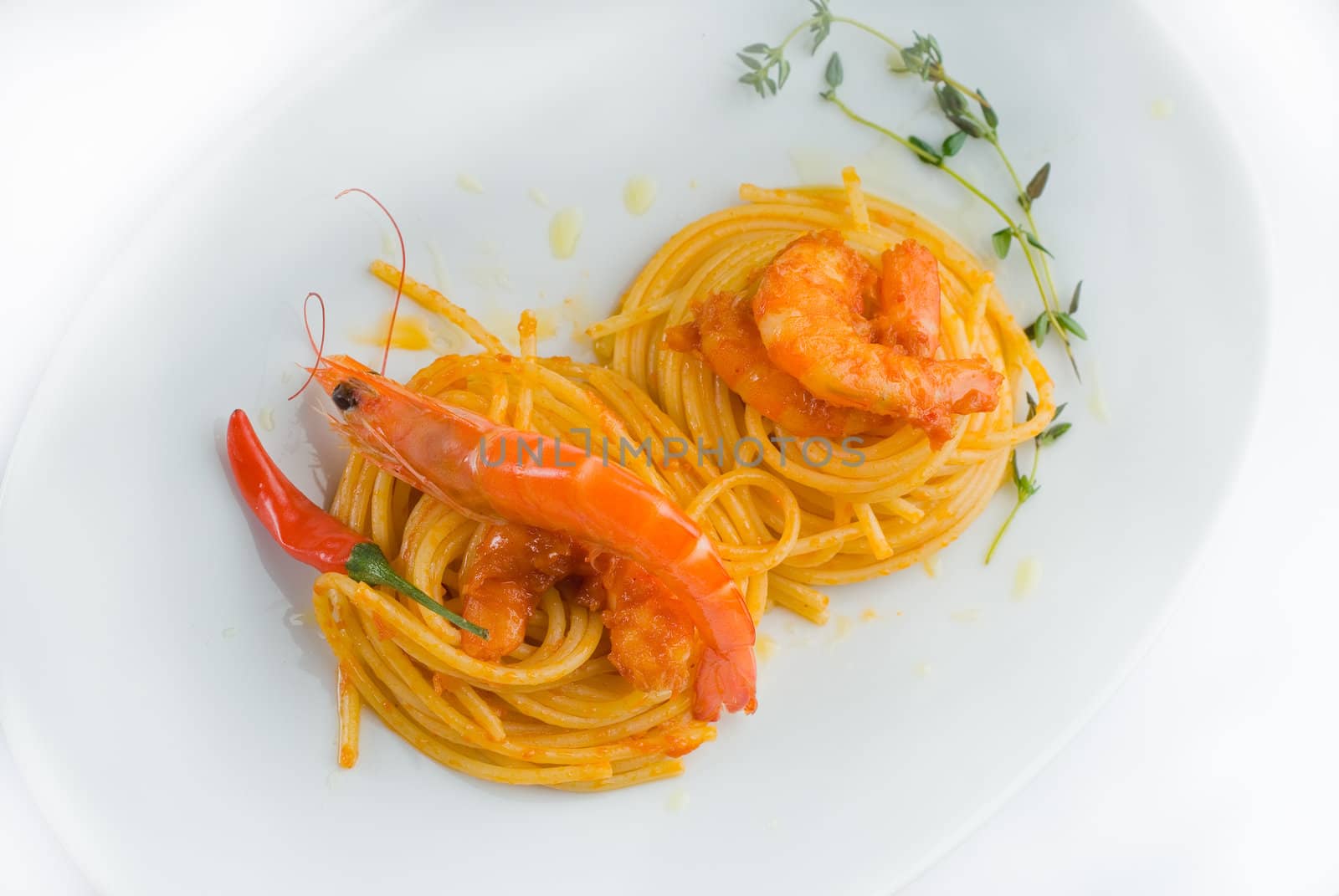 italian spaghetti pasta and fresh spicy shrimps sauce over white