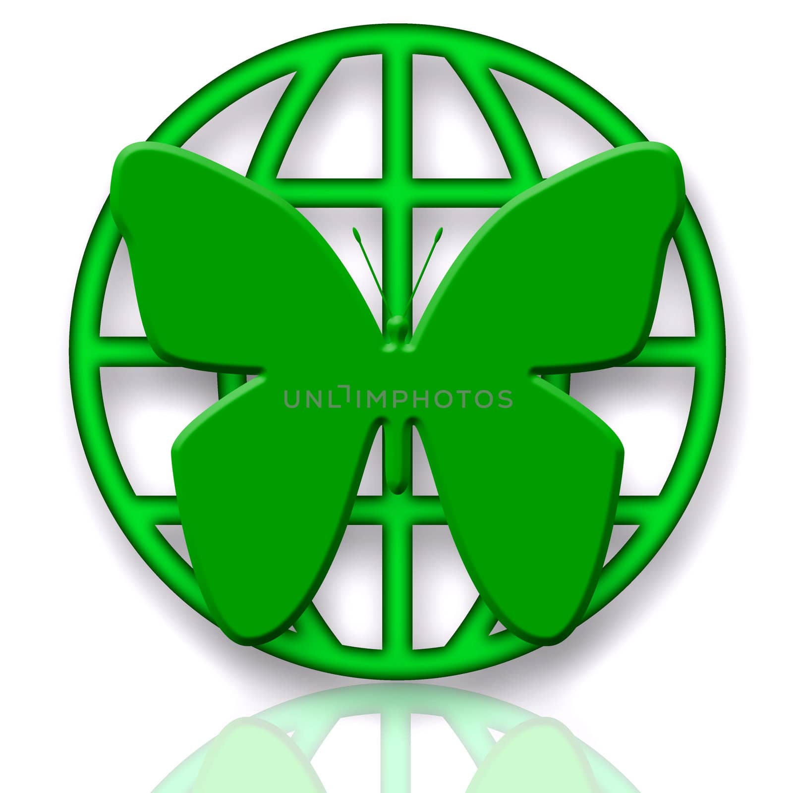 Butterfly and Globe Green Protection Symbol over White Background