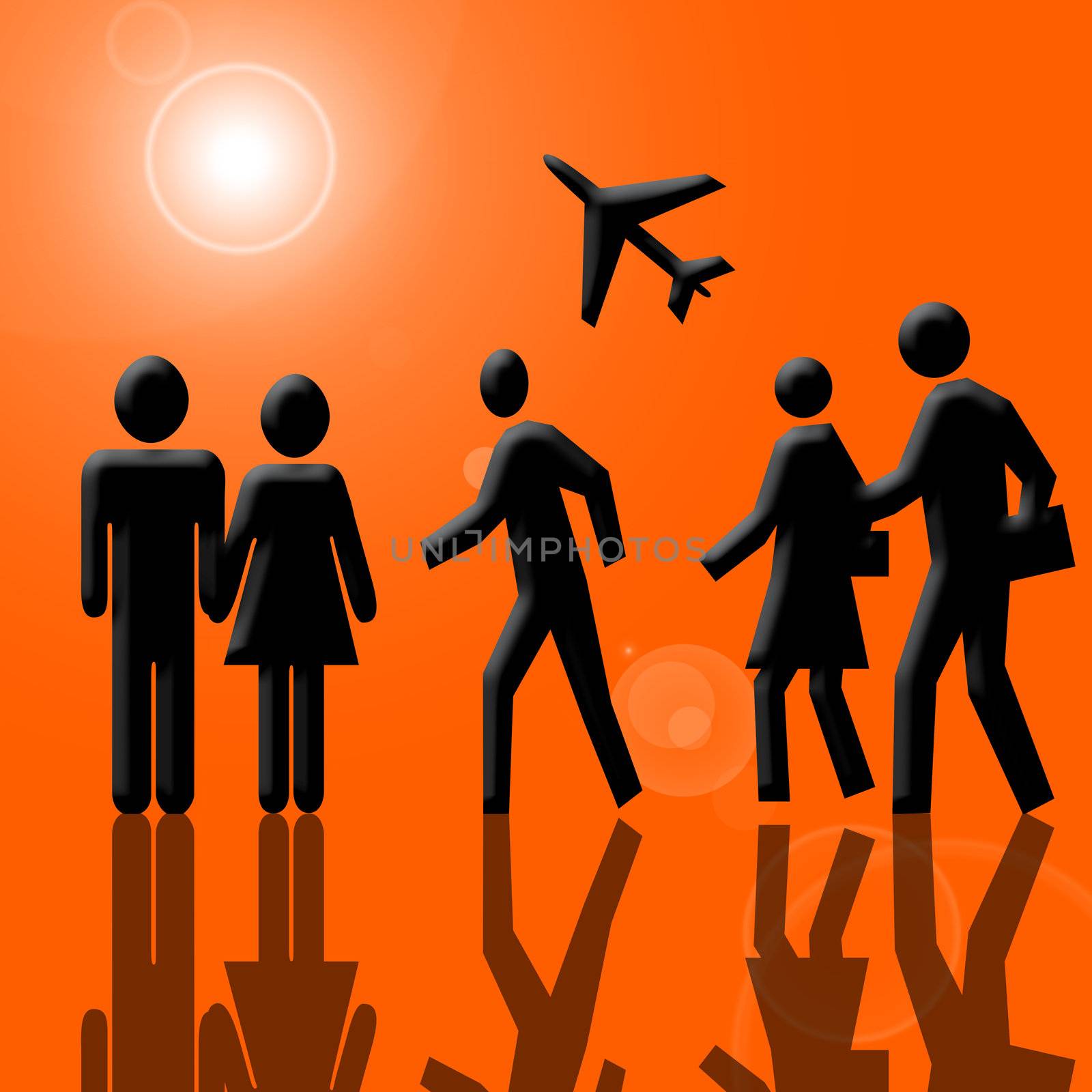 People and Airplane in Airport over Orange Background