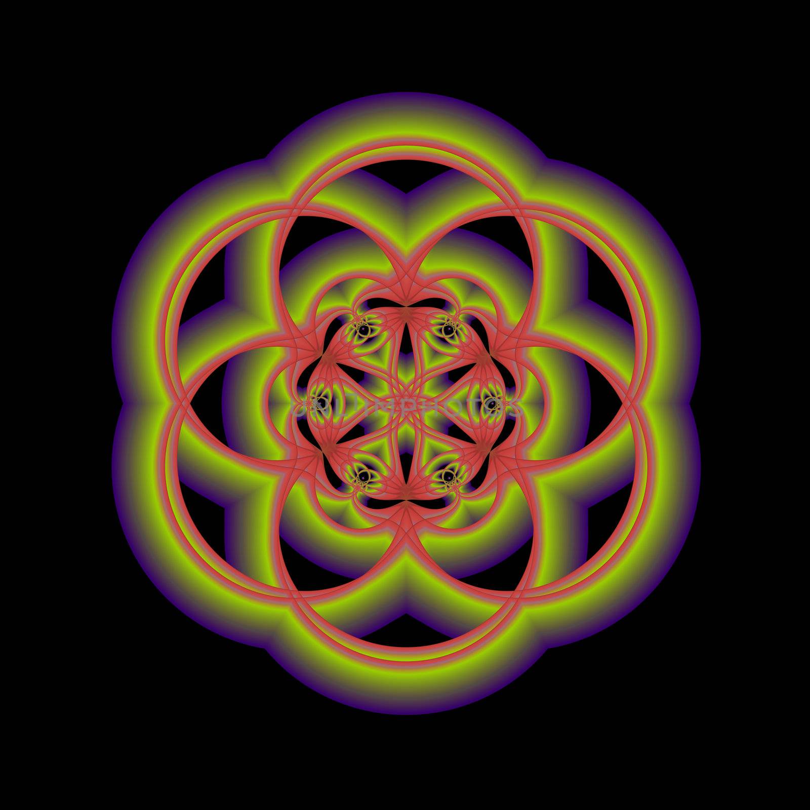 An abstract fractal done in shades of orange, green, and purple floating on a black background. It is an abstract rendering of growth and life done is a mandala shape.