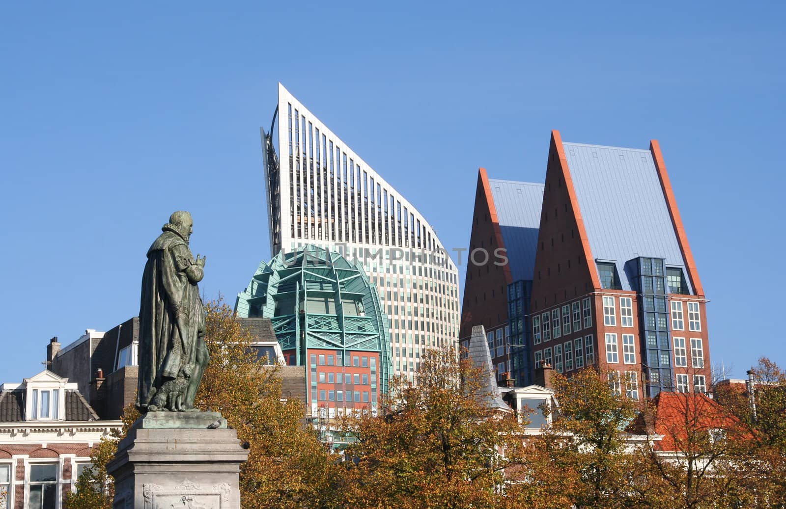 The Hague skyline including statue of William of Orange, founder of the Netherlands