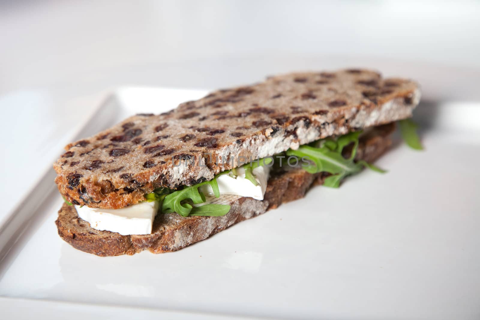 Healthy sandwich with goatcheese, honey and rocket salad