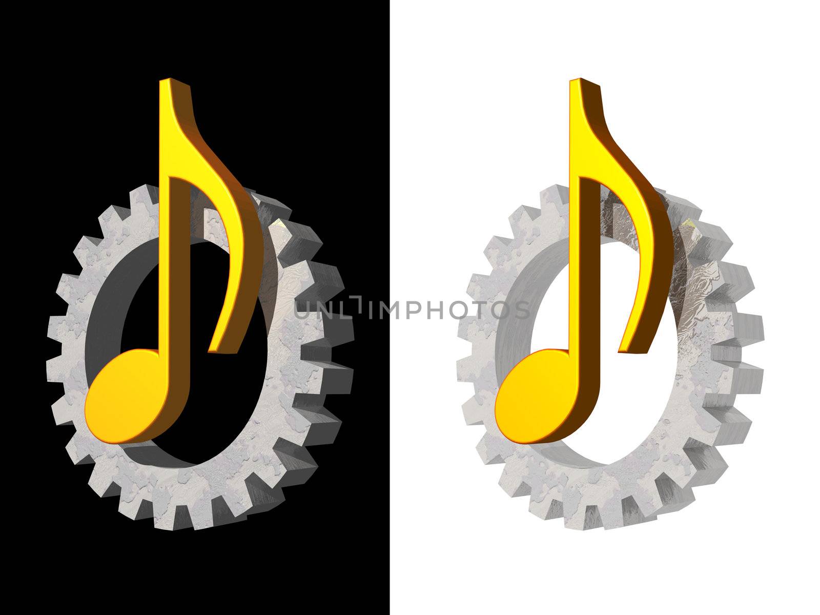 golden note and gearwheel on black and white background - 3d illustration