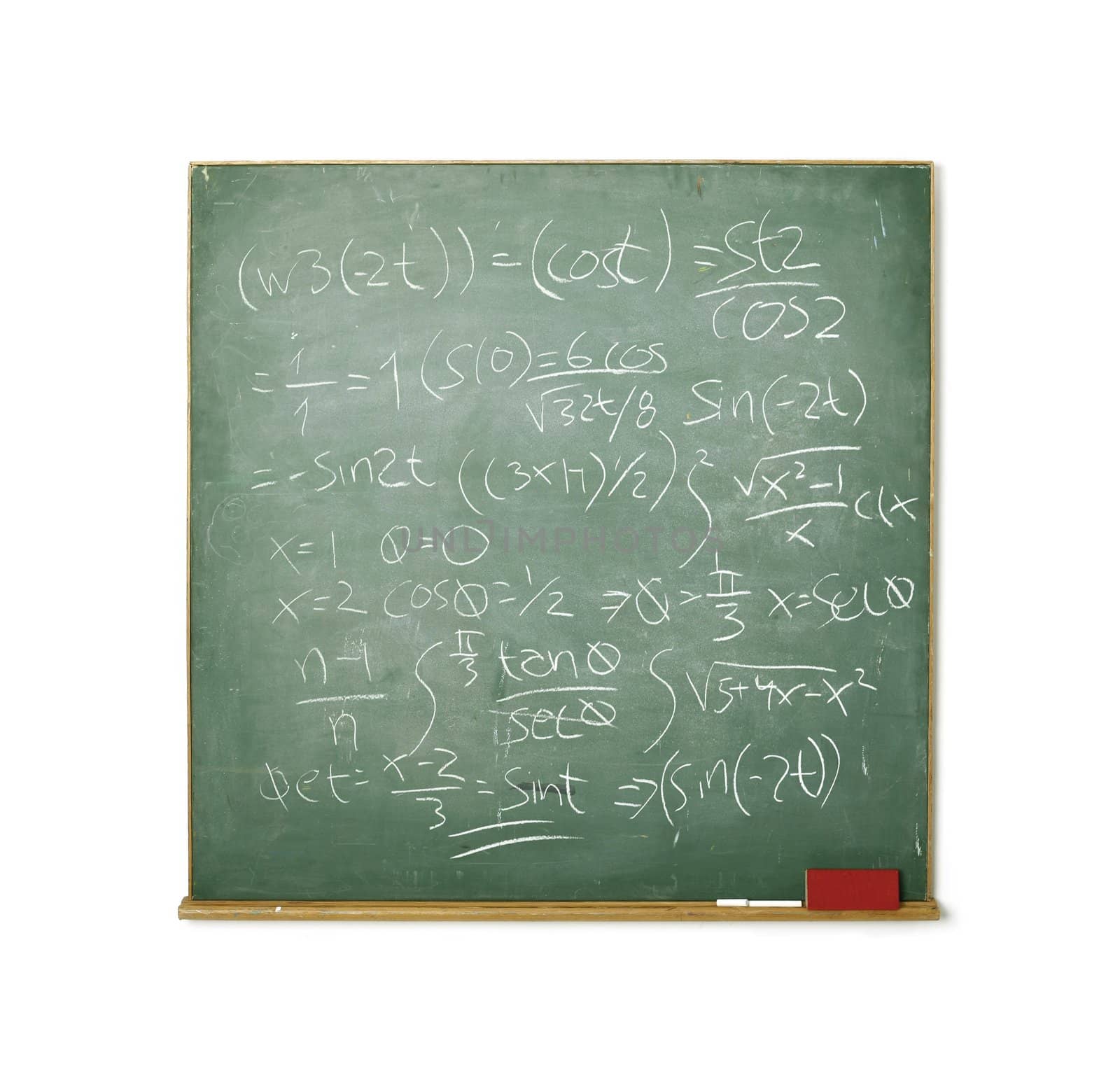 Old chalkboard with hard math isolated on white background