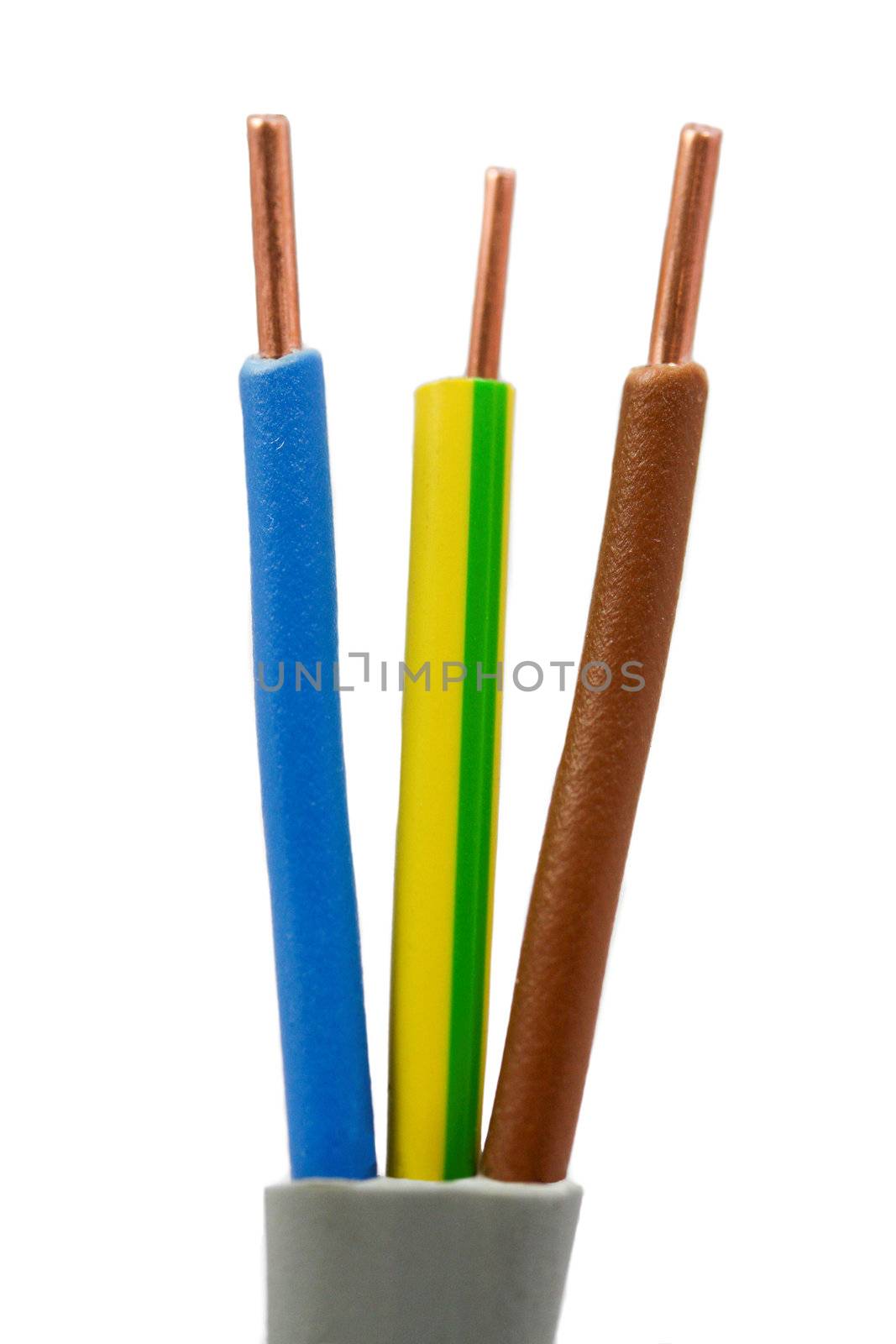 Electrical 3 core installation cable in UK colours, Brown, Blue, Green and yellow, known as twin and earth cable