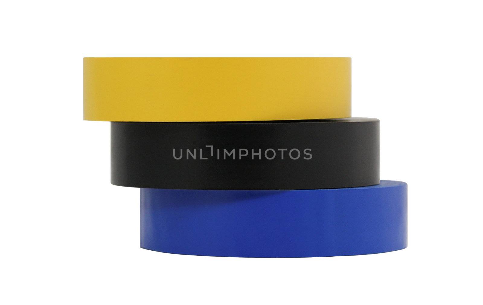 Electrical insulation tape stacked in three colours black, blue and yellow