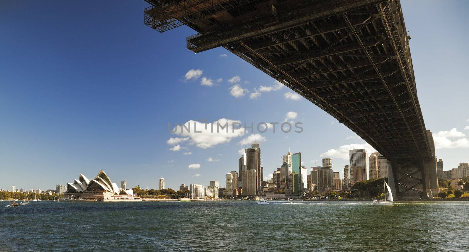 A photography of the Harbour Bridge in Sydney with Opera House