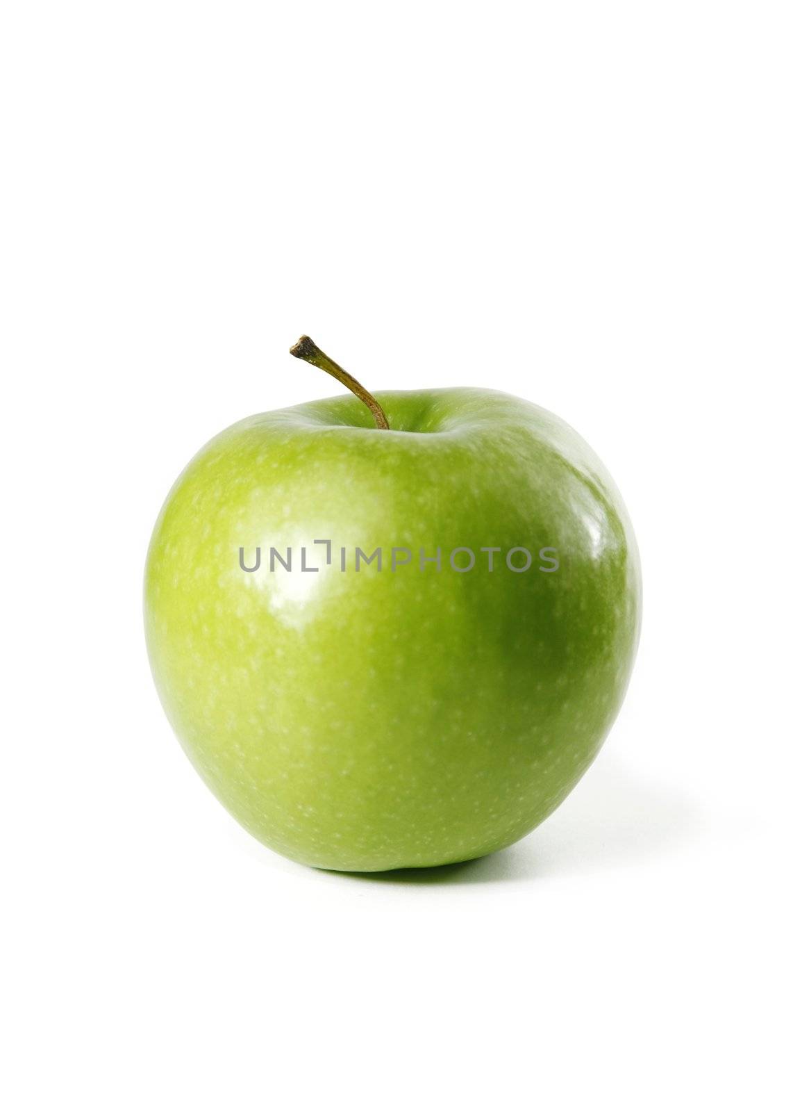 Juicy green apple isolated on white in studio. main focus on stem - XXL file