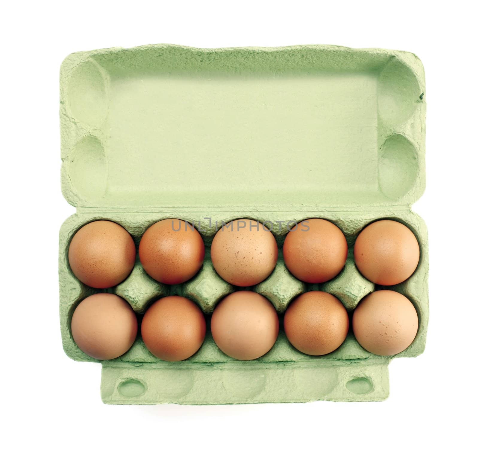 Brown chicken eggs in a open carton isolated on white background