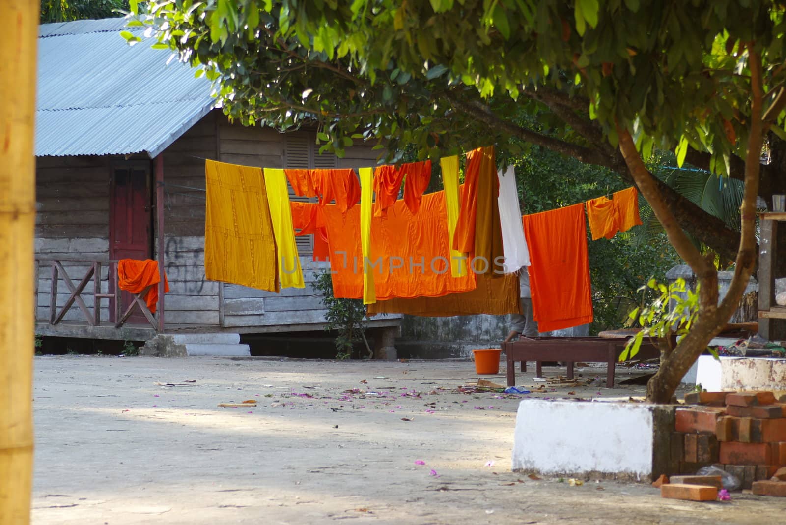 Buddhist monk robes drying on a line
