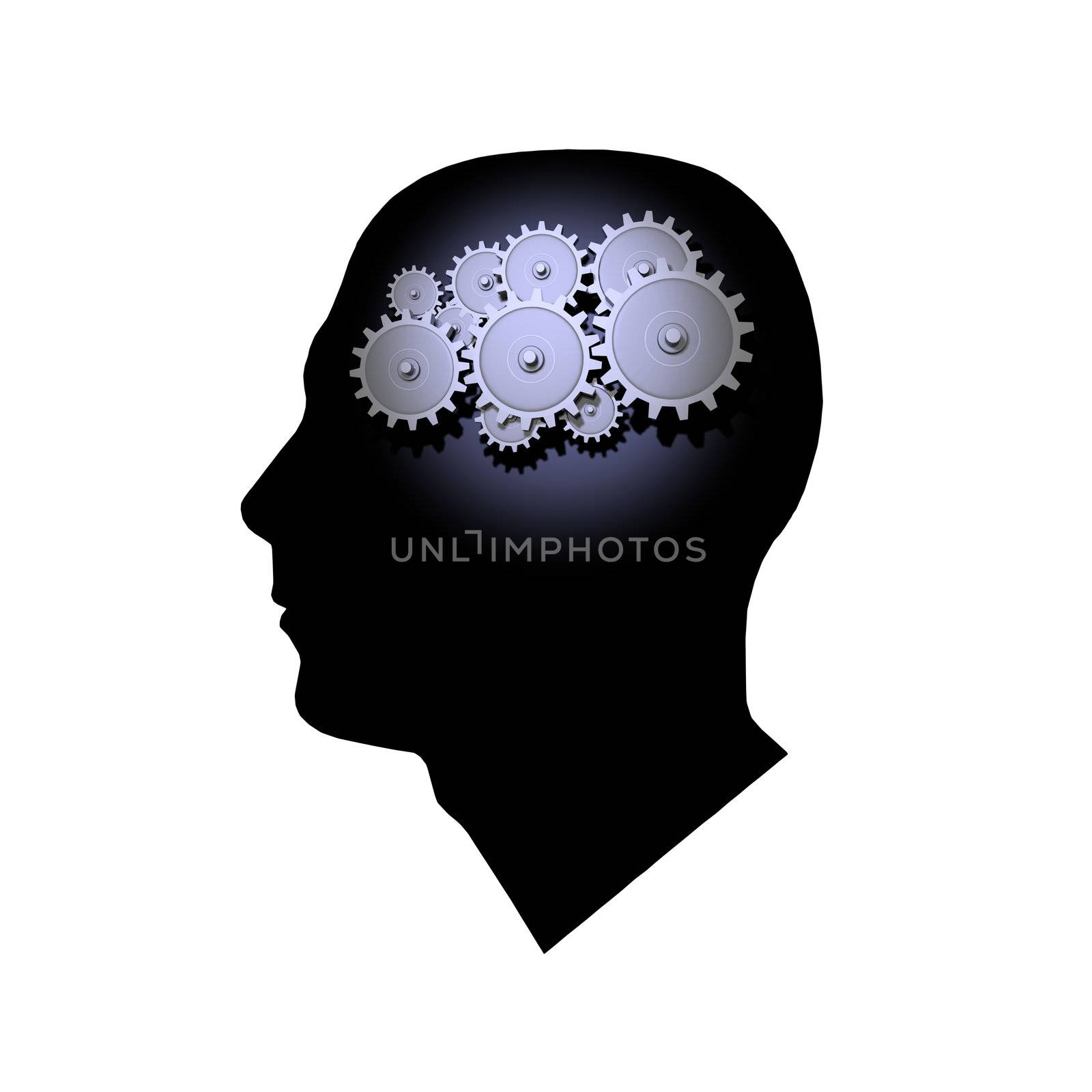 3D Gears inside the profile of a man's head.