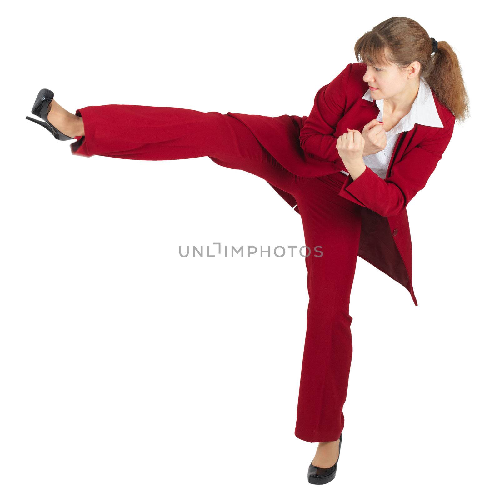 A woman does a heel strike your opponent, isolated on a white background