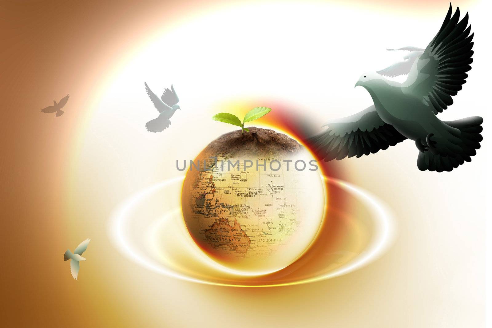 It is a picture with globes and pigeon