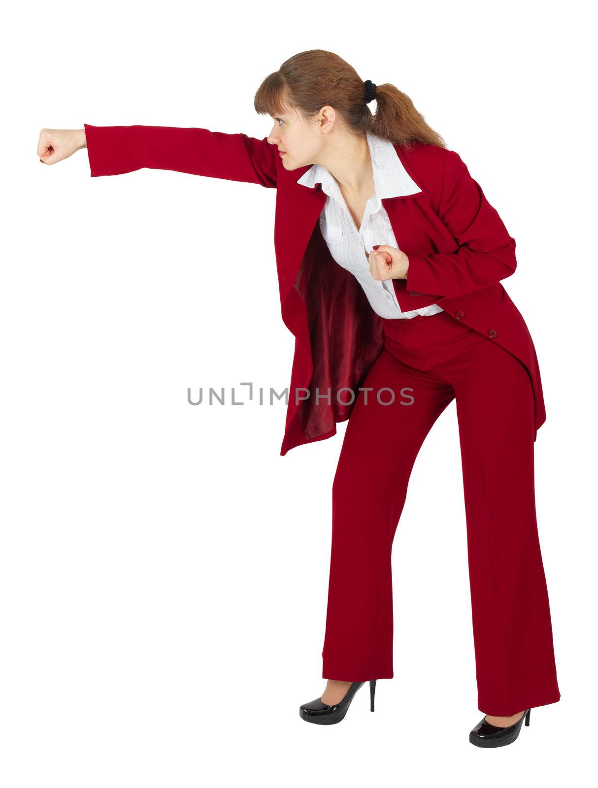 A woman in a red business suit breaks hand