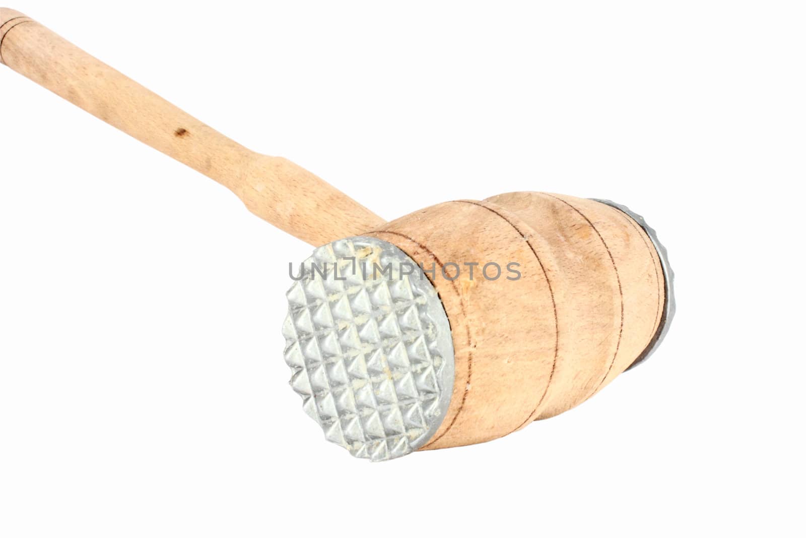 Used wooden meat hammer isolated on white