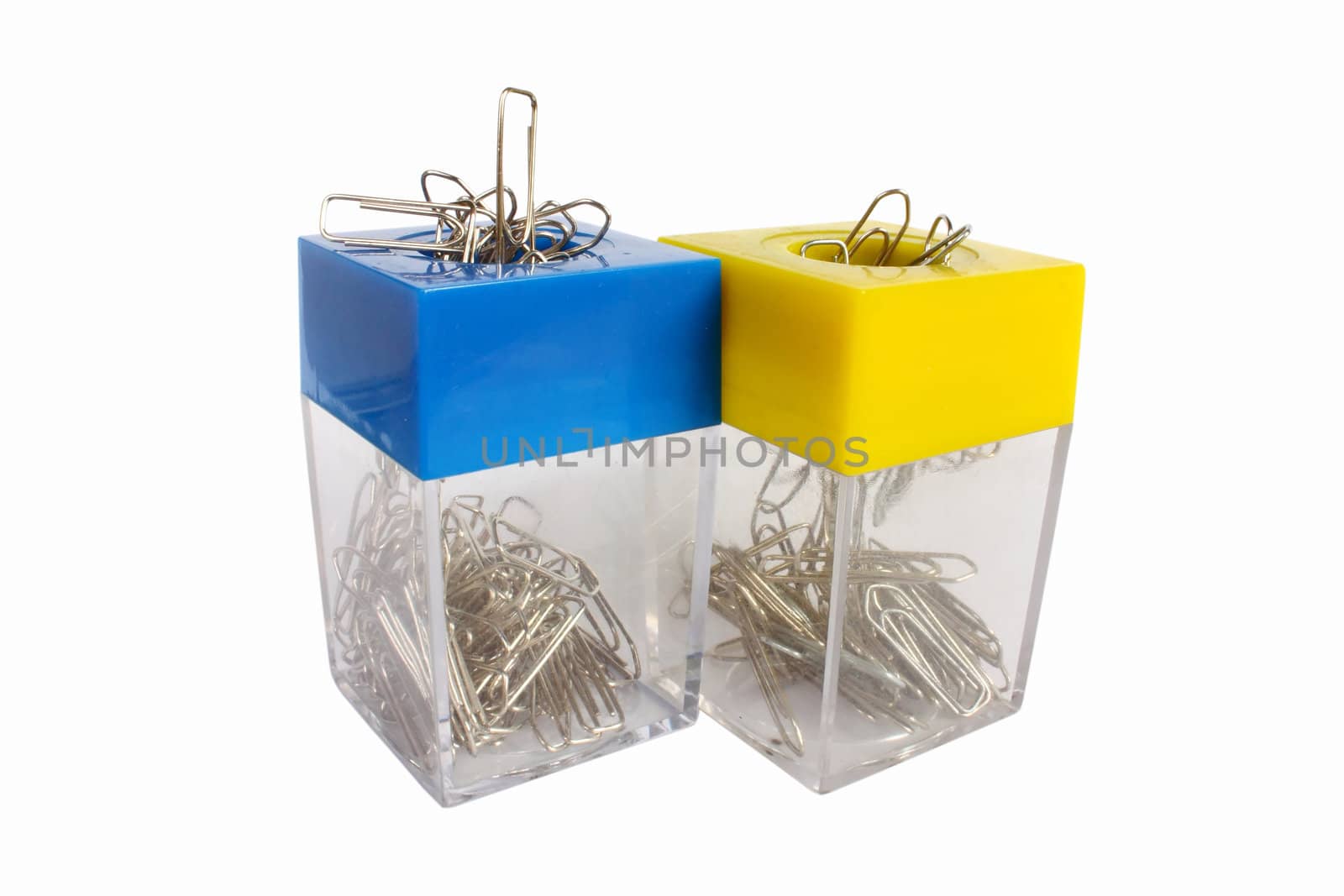 Two containers of paper clips, isolated