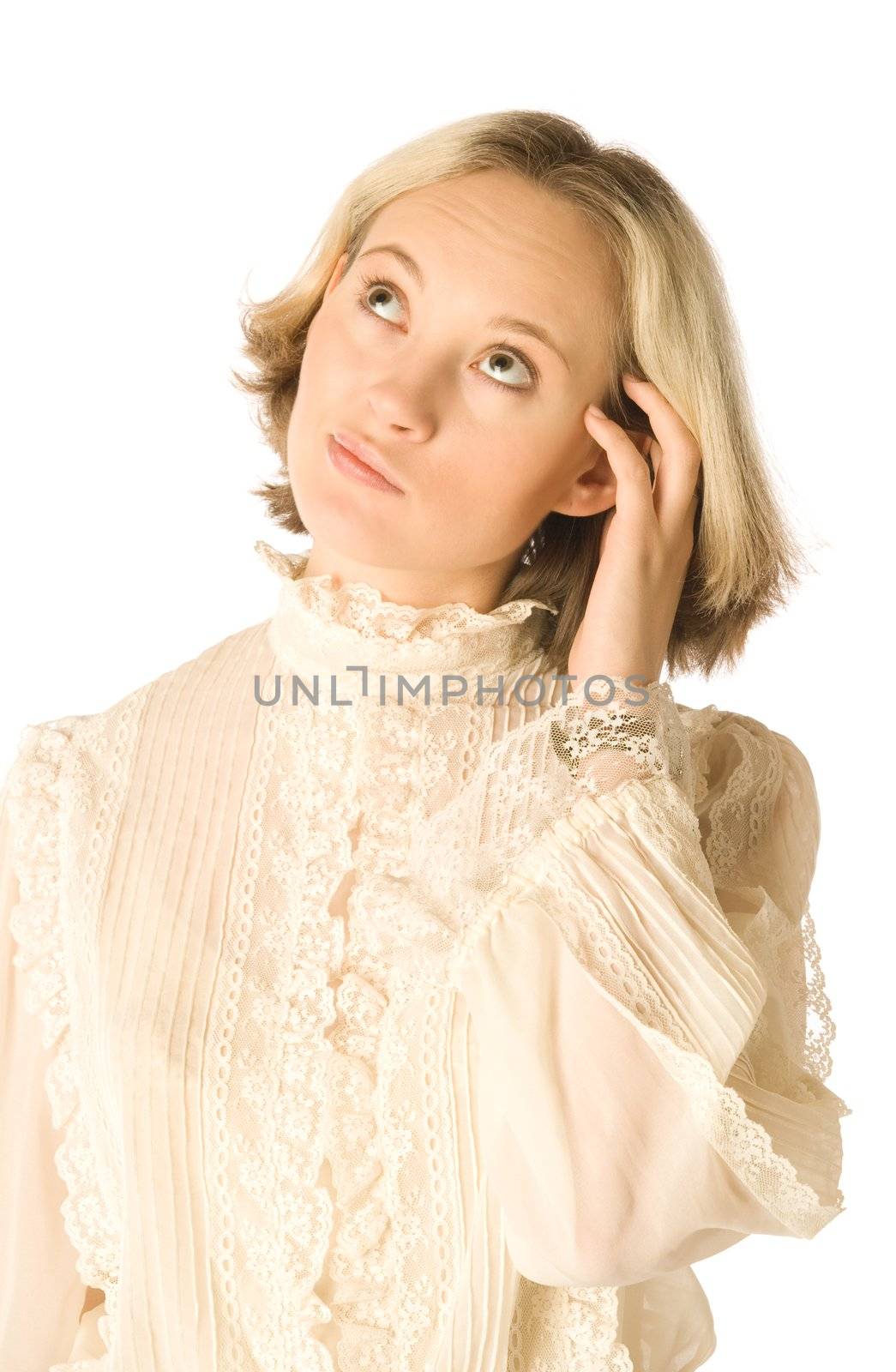 Portrait of a thoughtful woman, white background