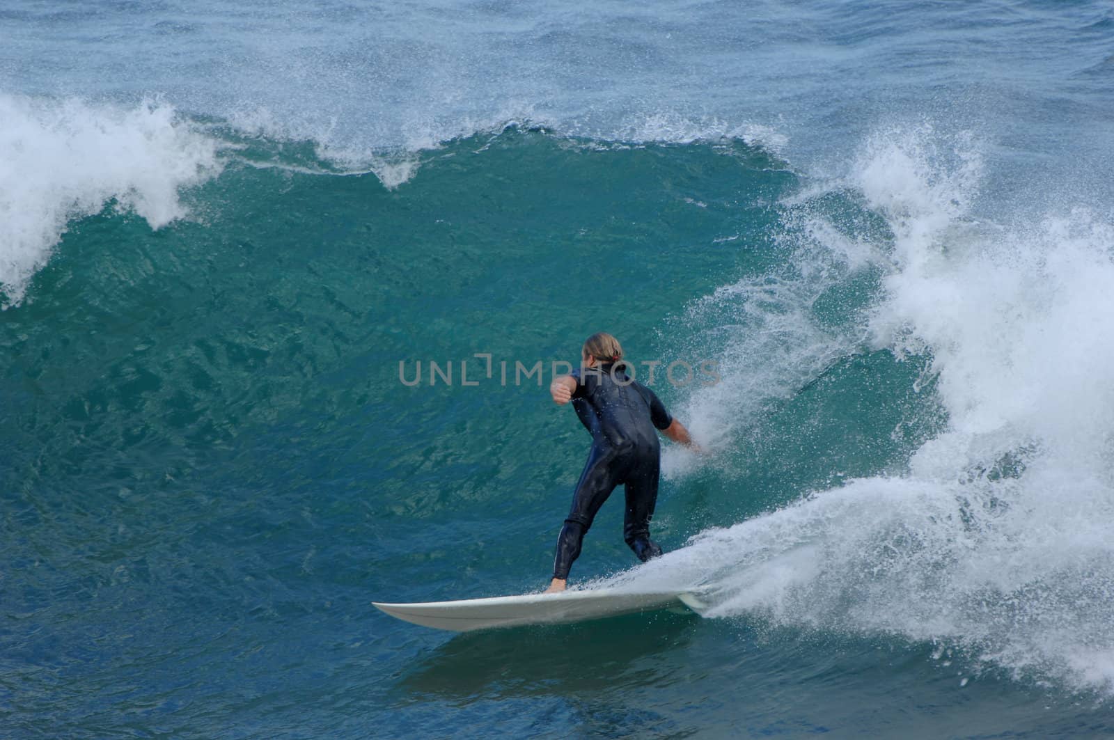 A male surfer takes off down a wave