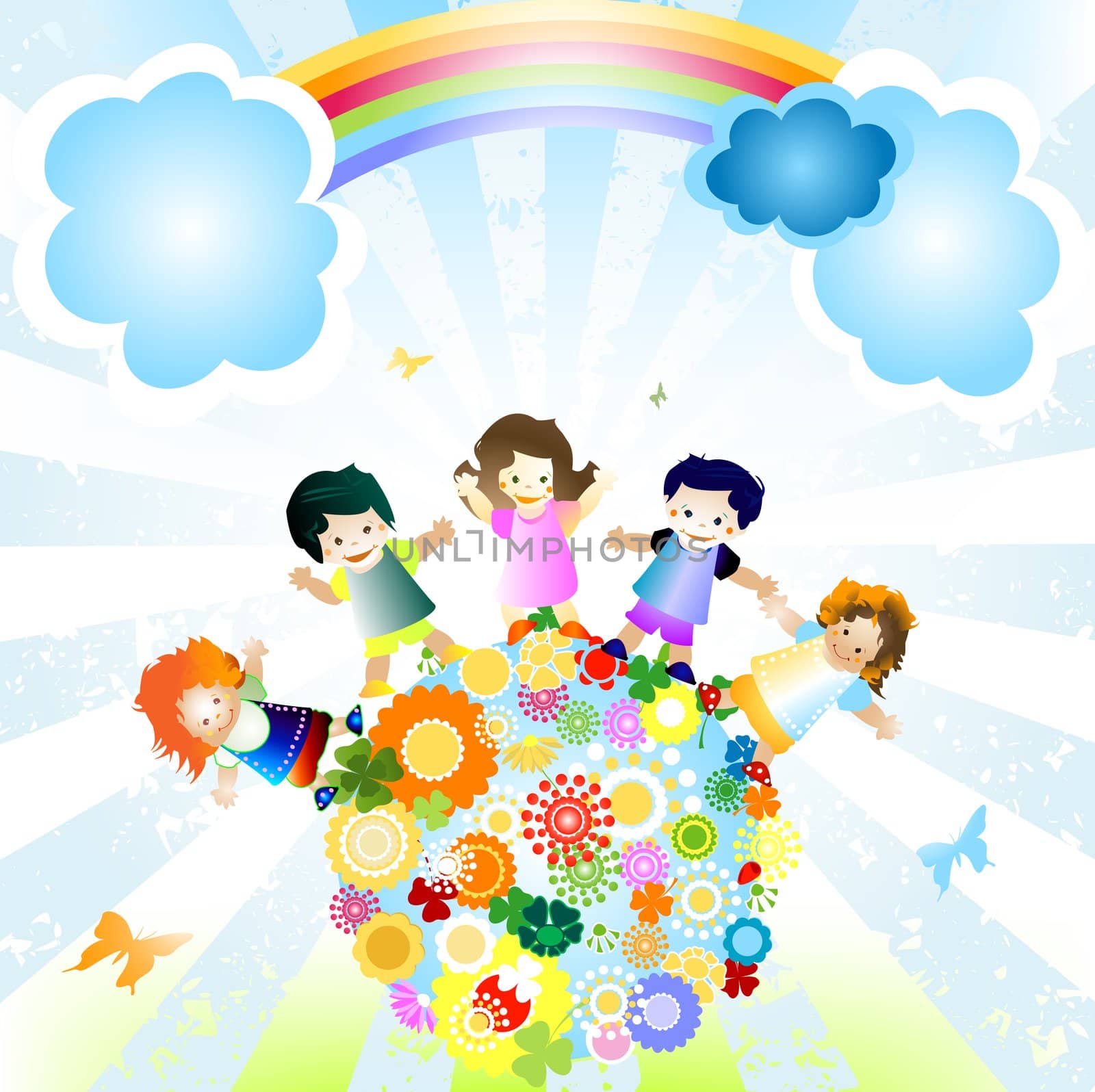 kids and planet; joyful illustration with planet earth, happy children and colorful flowers