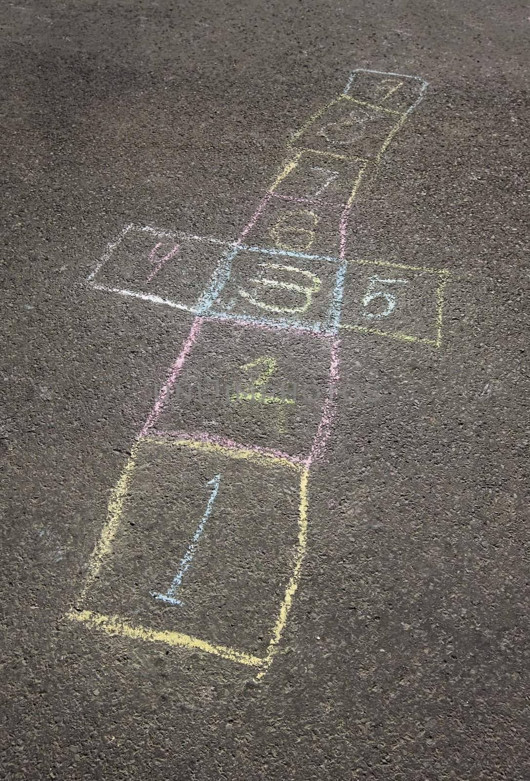 Colorful chalk hopscotch board in the schoolyard