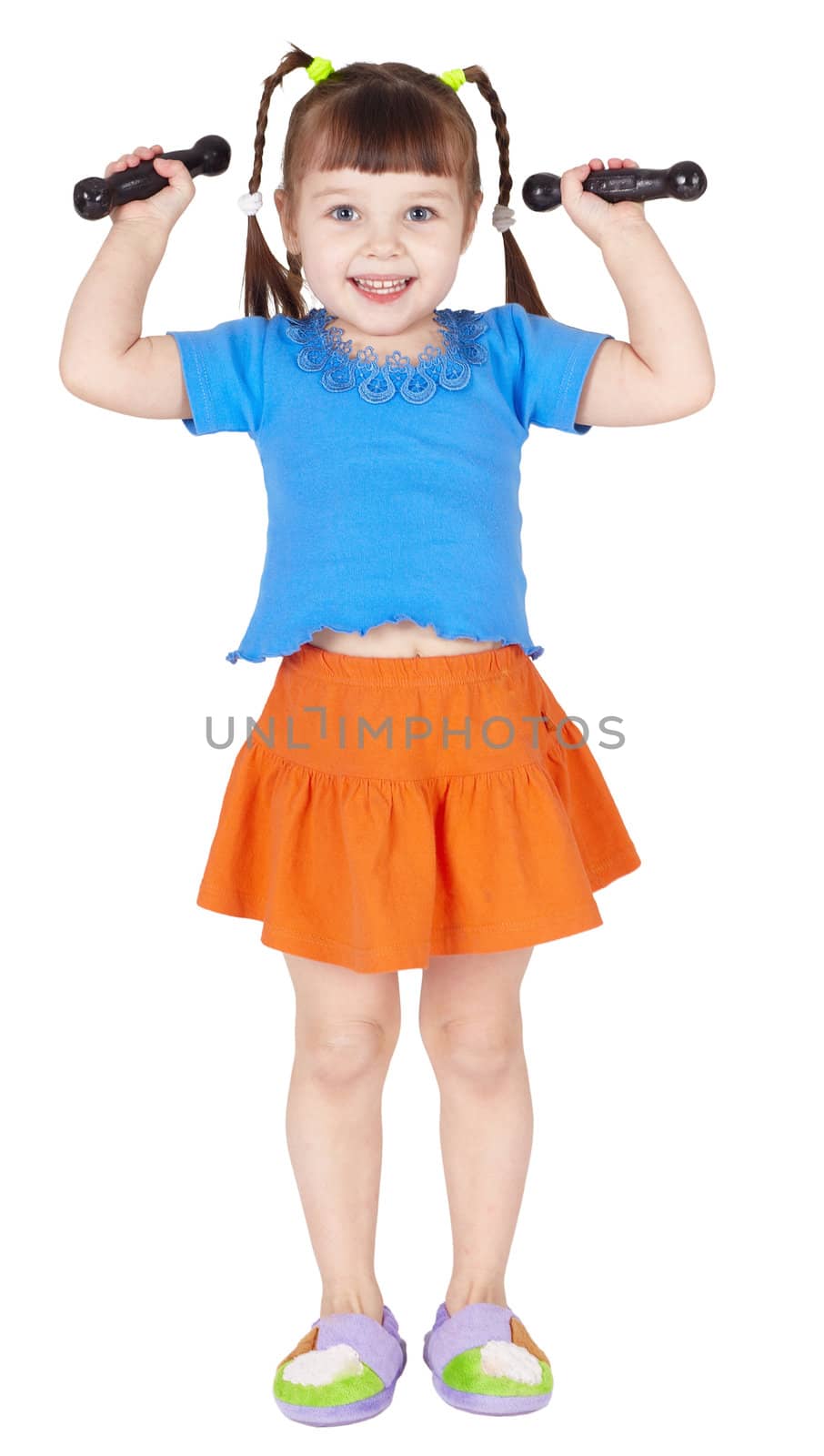 Athletic child is doing dumbbell isolated on a white background