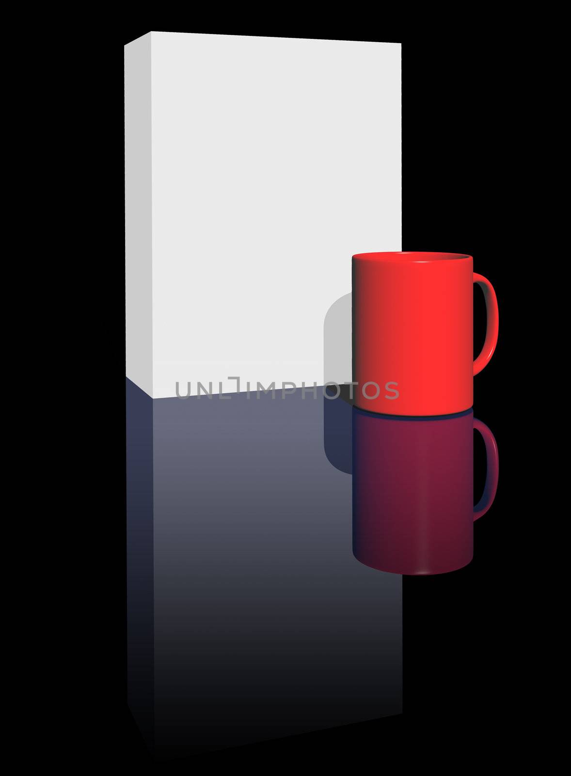 blank box and mug on black background - 3d illustration