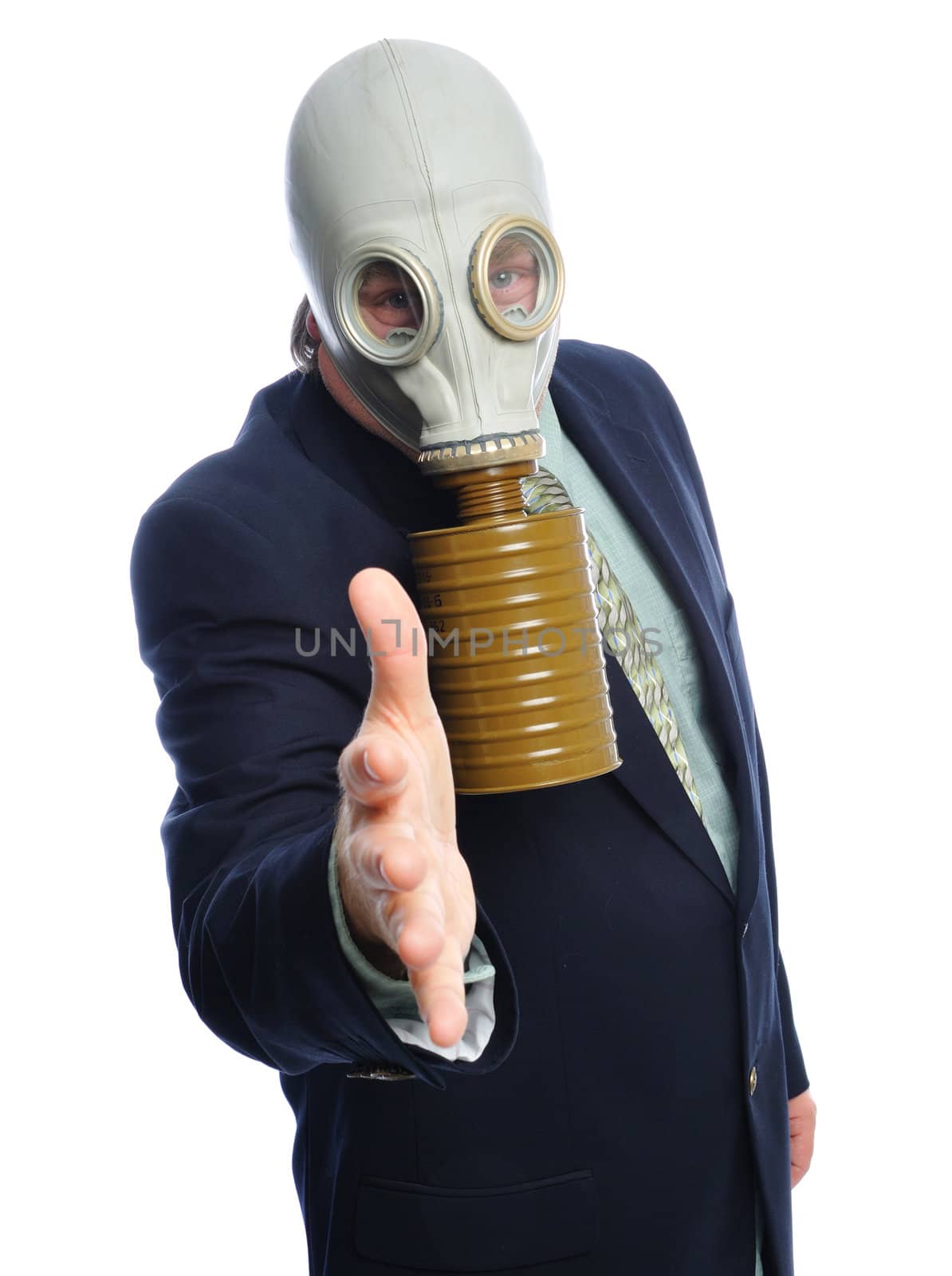 Man wearing a suit and gas mask on a white background