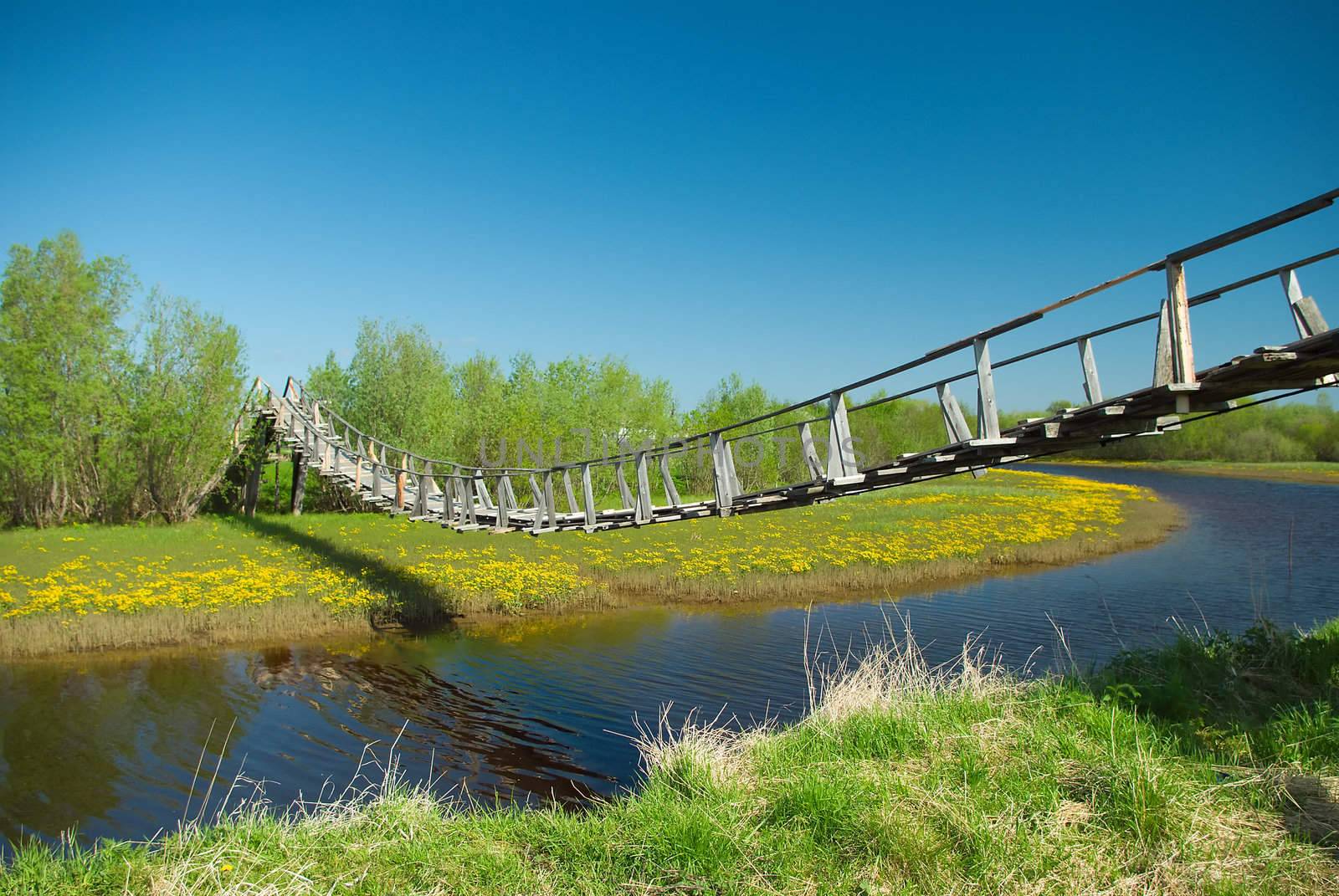 narrow rope pedestrian bridge over water