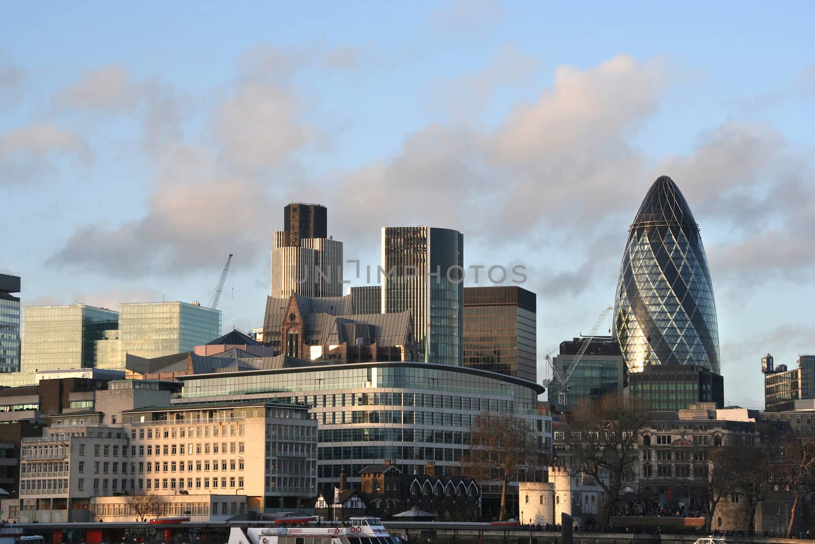 Skyline of London City in evening sunlight