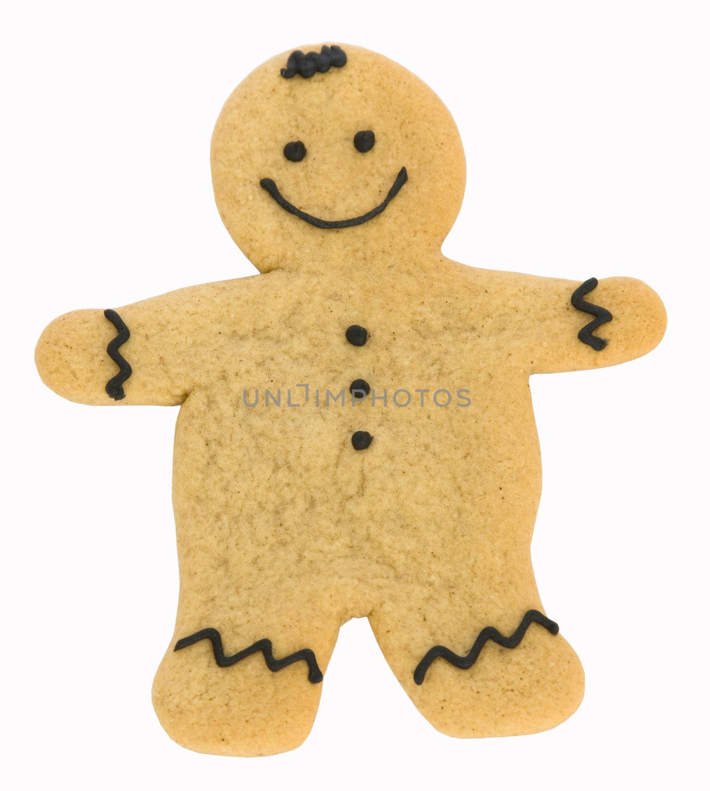 Gingerbread man with black icing isolated against white