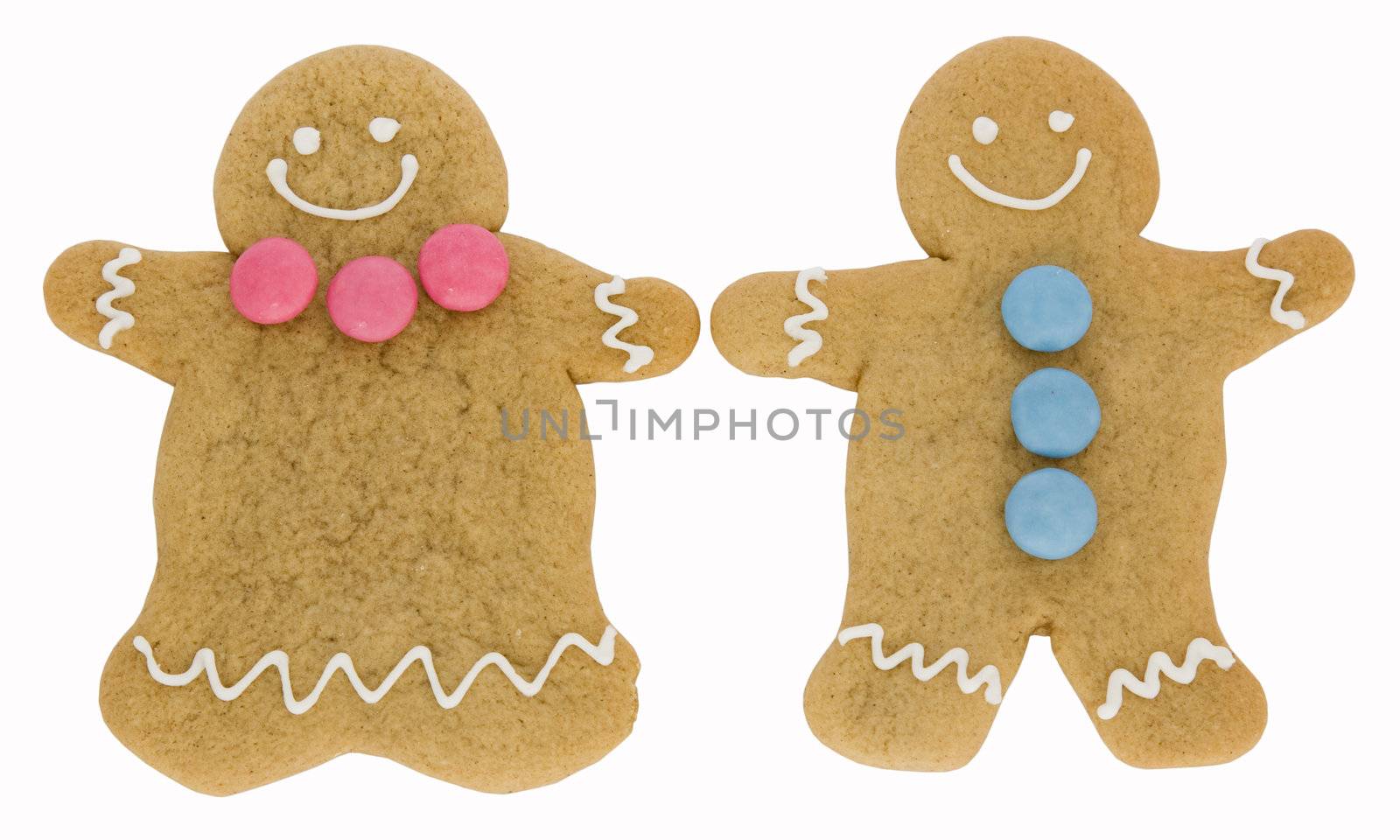 Gingerbread man and woman isolated against white