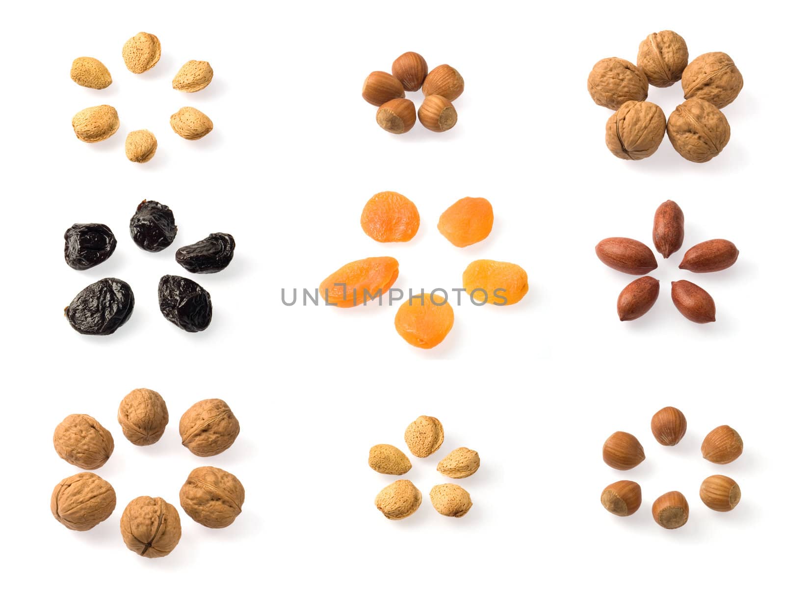 Whole dried fruits collection over white. Includes almonds, hazelnuts, pecans, walnuts, prunes and dried apricots. Includes almonds, hazelnuts, pecans, walnuts, prunes and dried apricots.